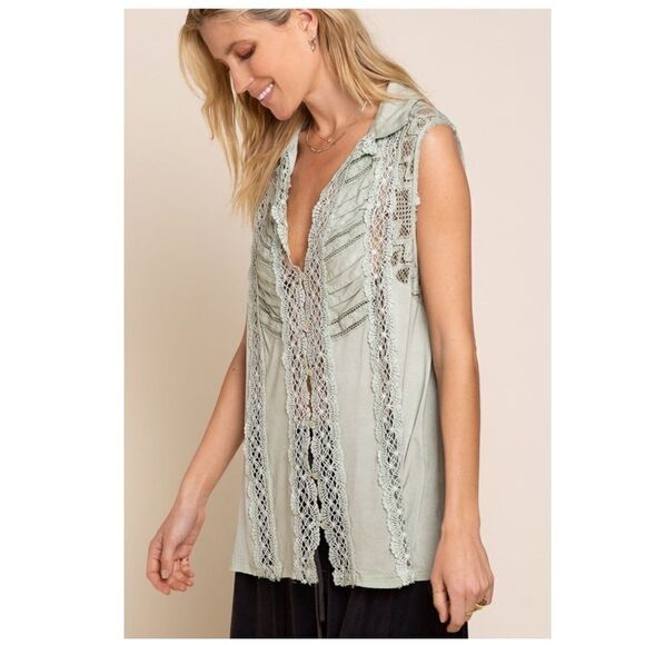SLEEVELESS woven top in Desert Sage with Lace Accents - Picture 6 of 8